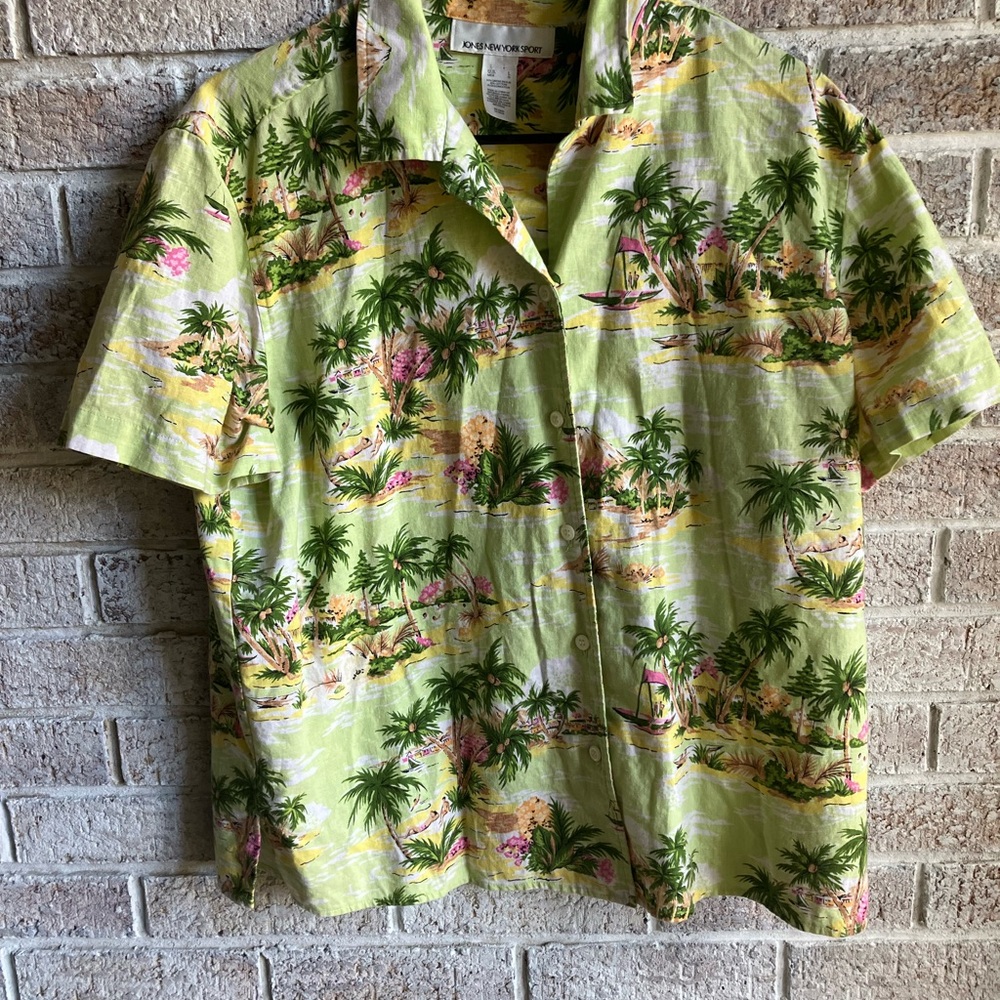 Jones New York Women’s Linen Green Tropical Print Shirt